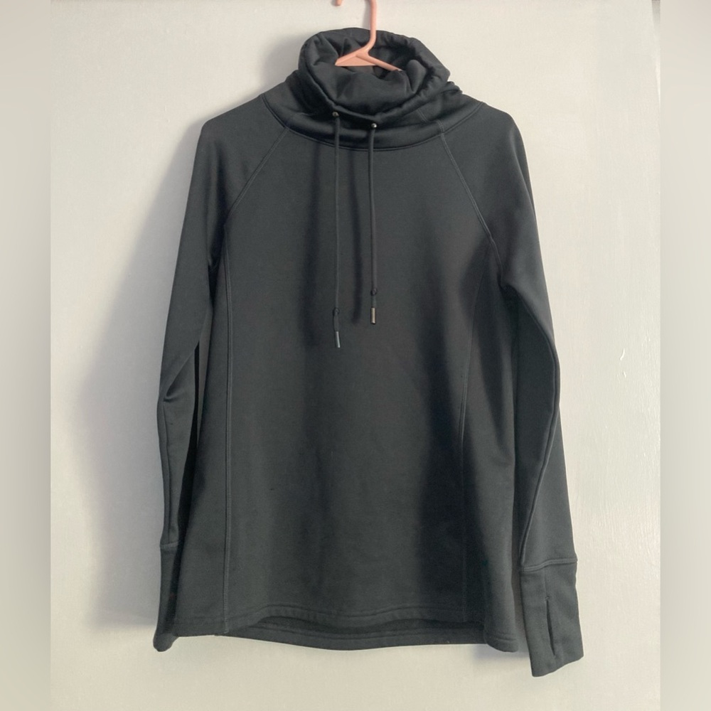 Athleta Womens SZ S gray cowl neck pullover hoodie with pull strings.